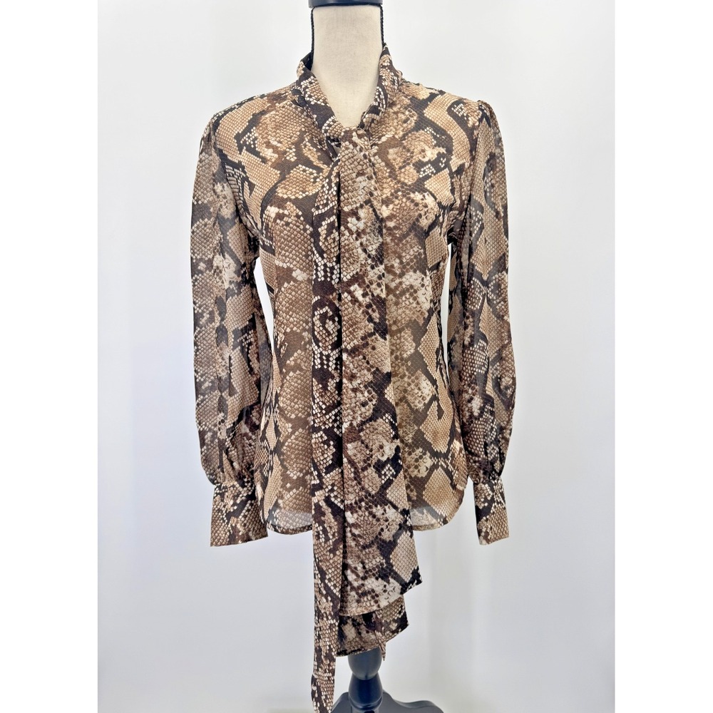 Altuzarra Snakeskin Print Long Sleeve Top Small Chiffon High Neck Tie Sheer Puff
